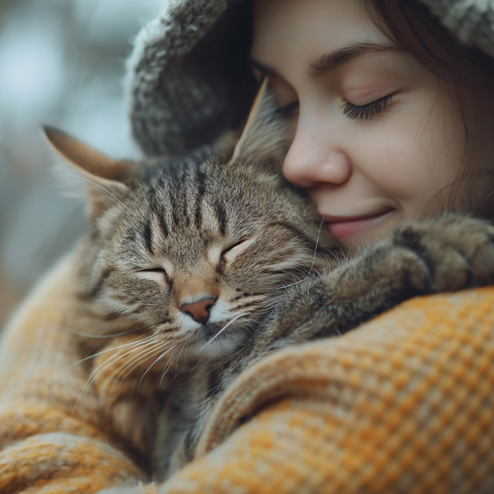 woman saying goodbye to cat huging 
